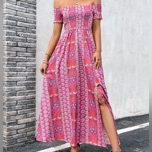 SHEIN VCAY Allover Print Off Shoulder Split Thigh Dress